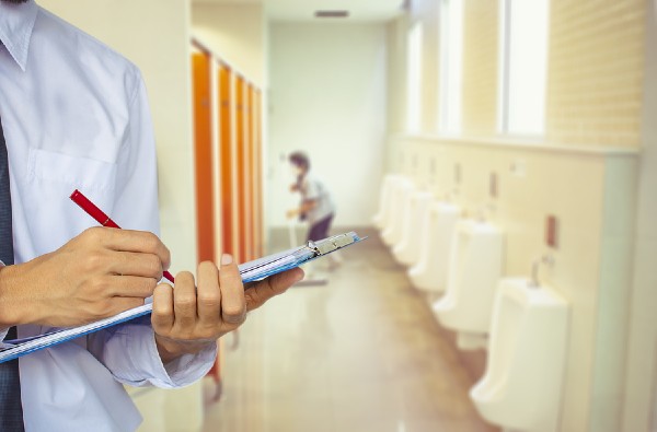 Man with Cleaning List in Restroom