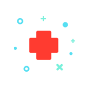 red healthcare symbol with blue marks around it