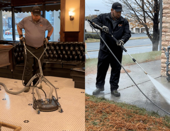 EMS technicians power washing surfaces