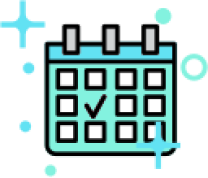 Calendar icon with miscellaneous blue and green shapes around it