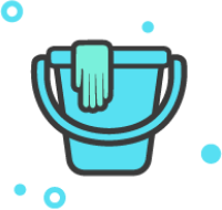 Icon of bucket and glove with miscellaneous blue and green shapes around it