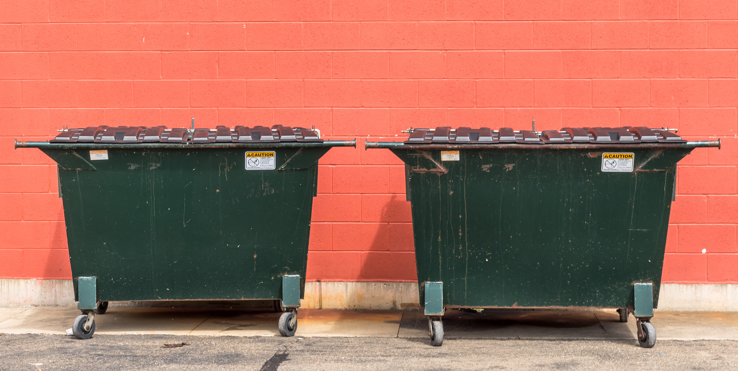 two dumpsters against a wall