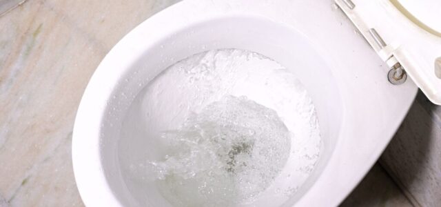 Clean toilet being flushed