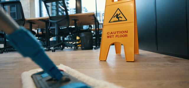 caution wet floor sign and mop