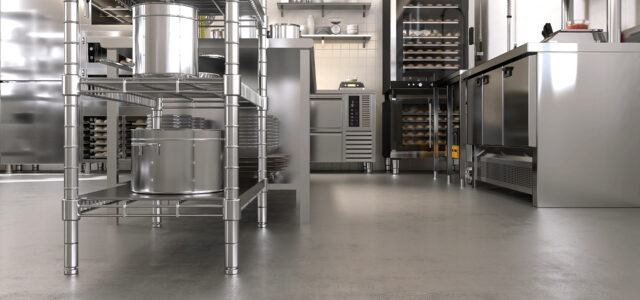 Concrete floor of commercial, professional bakery kitchen, stainless steel convection, bread bun in deck oven, freezer, refrigerator, kneading machine, cabinet, ingredient on table for industrial restaurant cooking, interior design decoration, product display background 3D