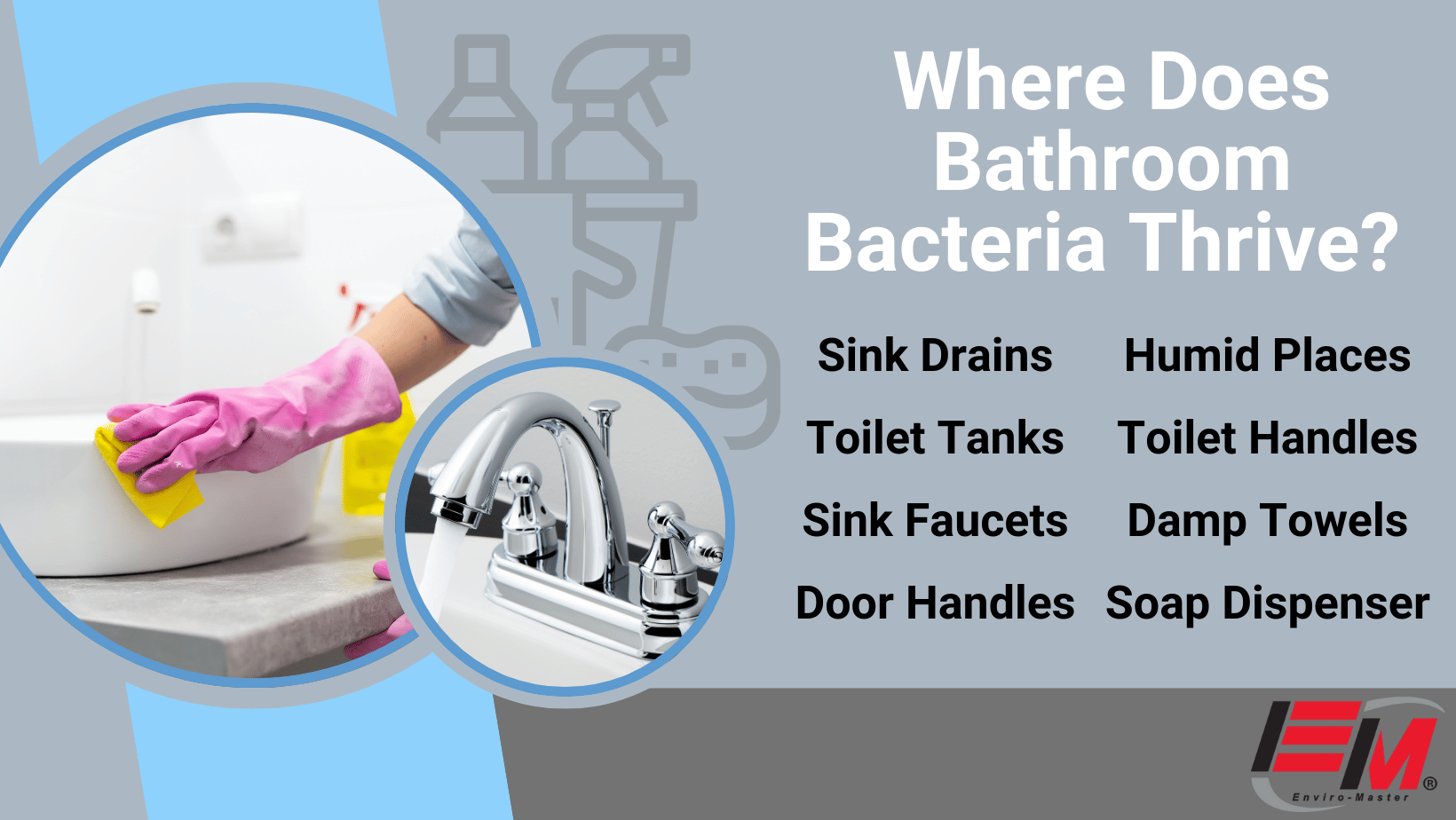 Infographic by Enviro-master showing where bacteria can hide in a bathroom. 