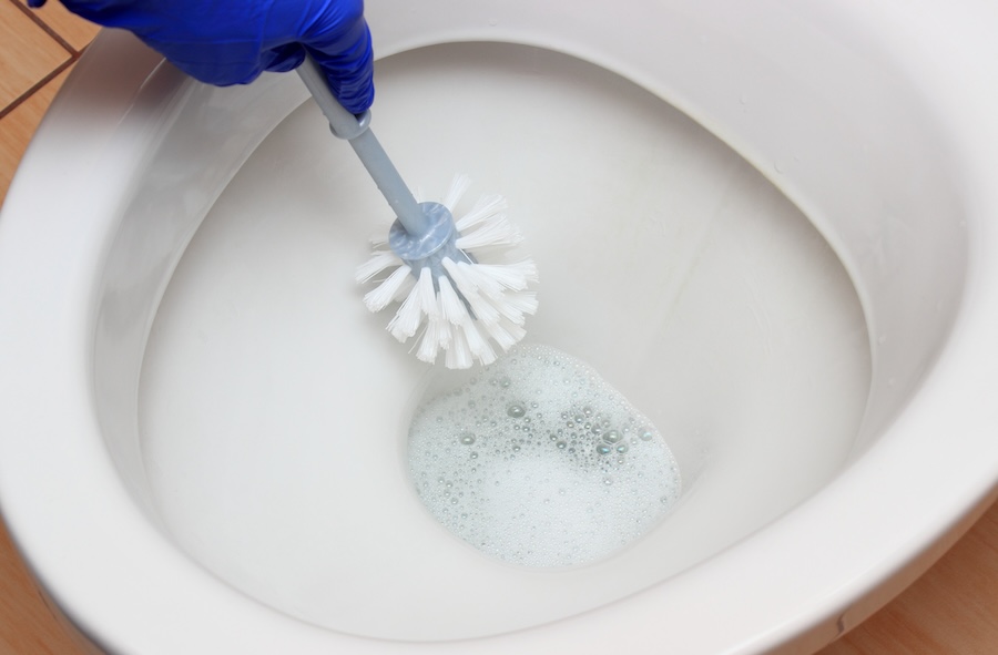 Hand of woman in blue glove cleaning toilet bowl with a brush