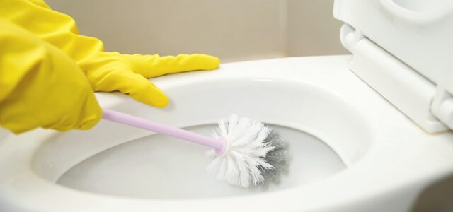 Person wearing yellow gloves and using a brush to clean the toilet.